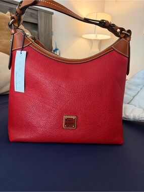 Dooney & Bourke Red Pebble Leather Shoulder Hobo with Brown Trim
